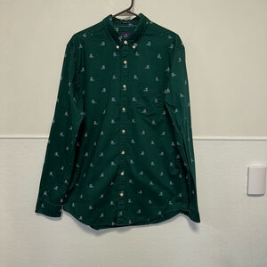 American Eagle Men’s Top Button Down Large Tall Green Car Christmas Long Sleeve
